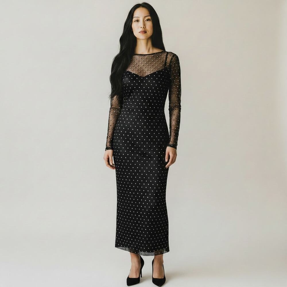 Vintage Lillie Rubin Black Rhinestone Sheer Mesh Maxi Evening Dress XS Open Back